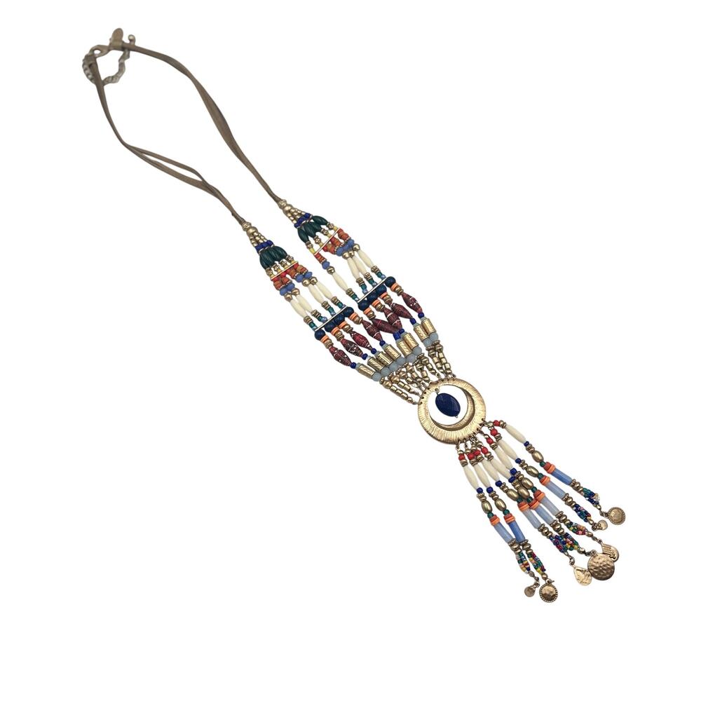 Chico's Boho Chic Statement Necklace Beaded Strands Gold Tone Y-Shaped 20" Long